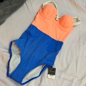 Topshop Coral & Blue Colorblock One-Piece Swimsuit with Cream Straps